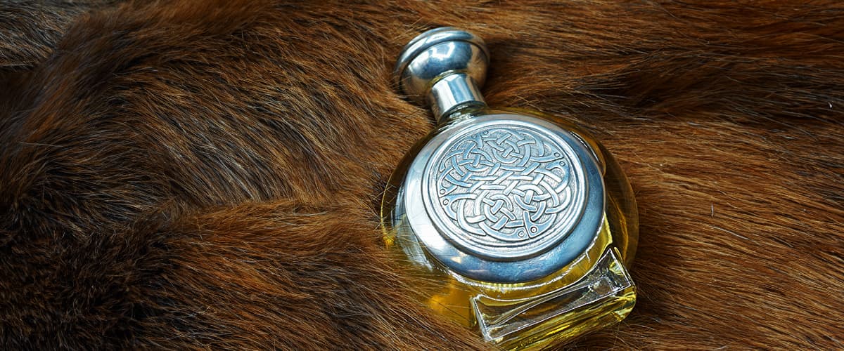 Boadicea Perfume bottle on a fur background 